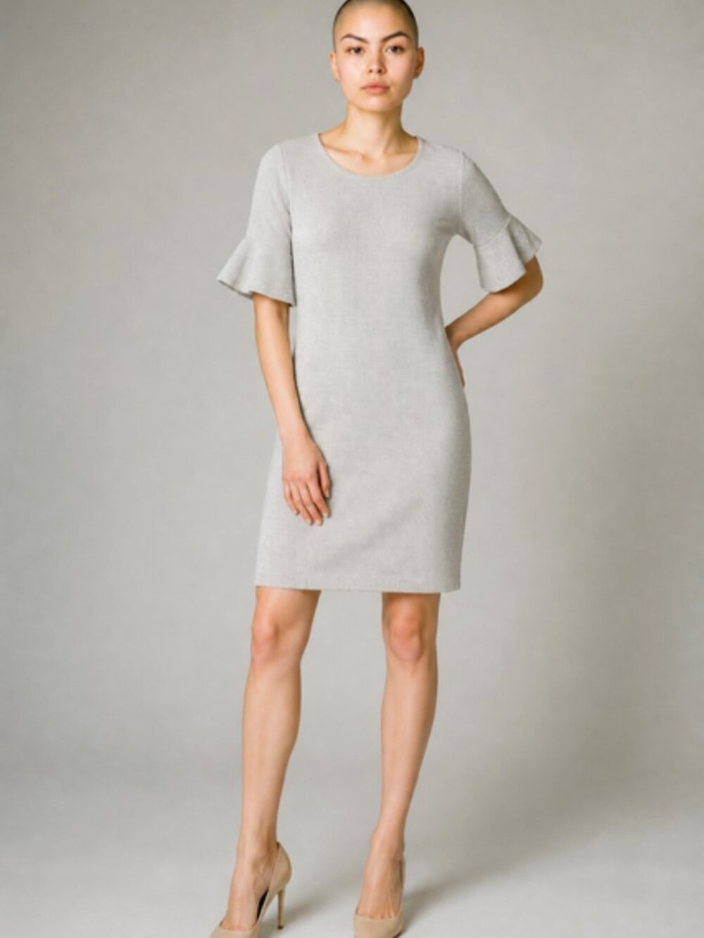 Kenar Gray Ruffle Sleeve Sheath Dress Women's XS Excellent Used Condition